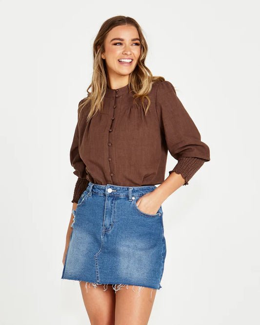 Sass Roxy Shirred Cuff Blouse - Chocolate