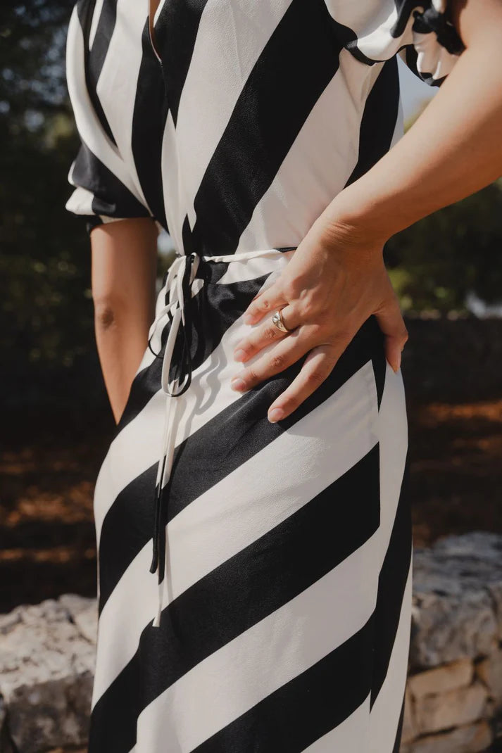 Among The Brave Amora Black & White Stripe Bias Midi Dress