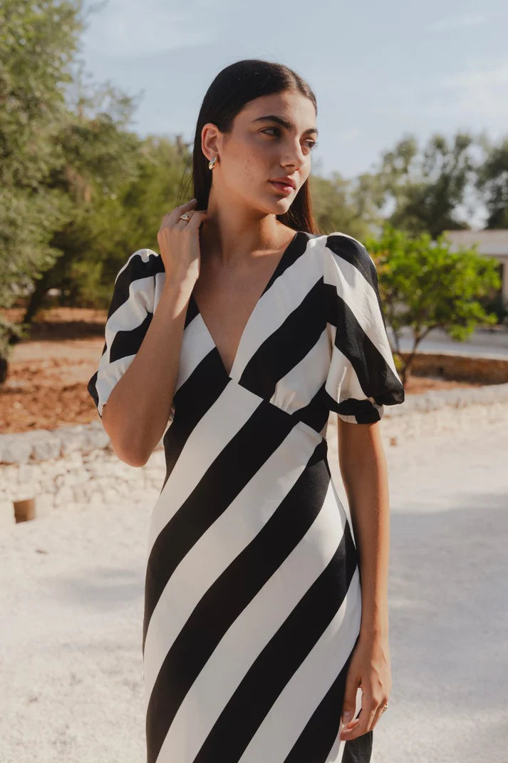 Among The Brave Amora Black & White Stripe Bias Midi Dress
