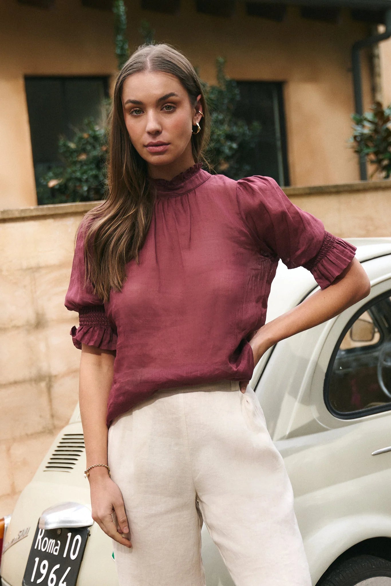 by.rosa Verse Burgundy/Plum Sheer High Neck Short Sleeve Top