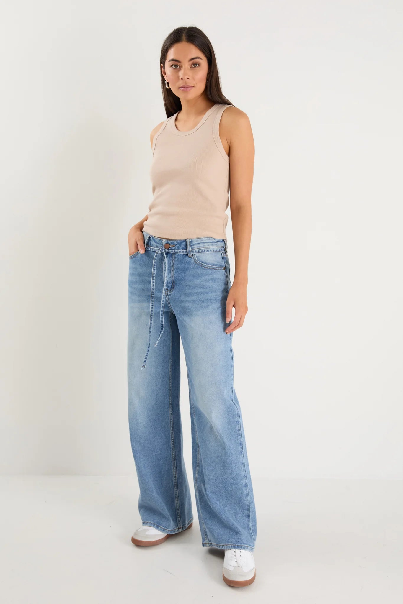 Stories Be Told College Light Blue Wide Leg Tie Belt Jean