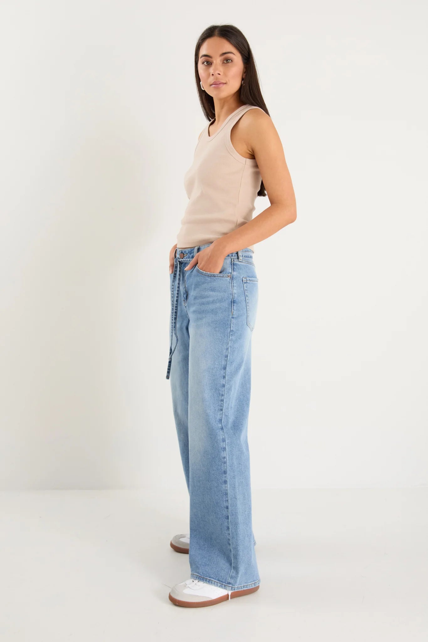 Stories Be Told College Light Blue Wide Leg Tie Belt Jean