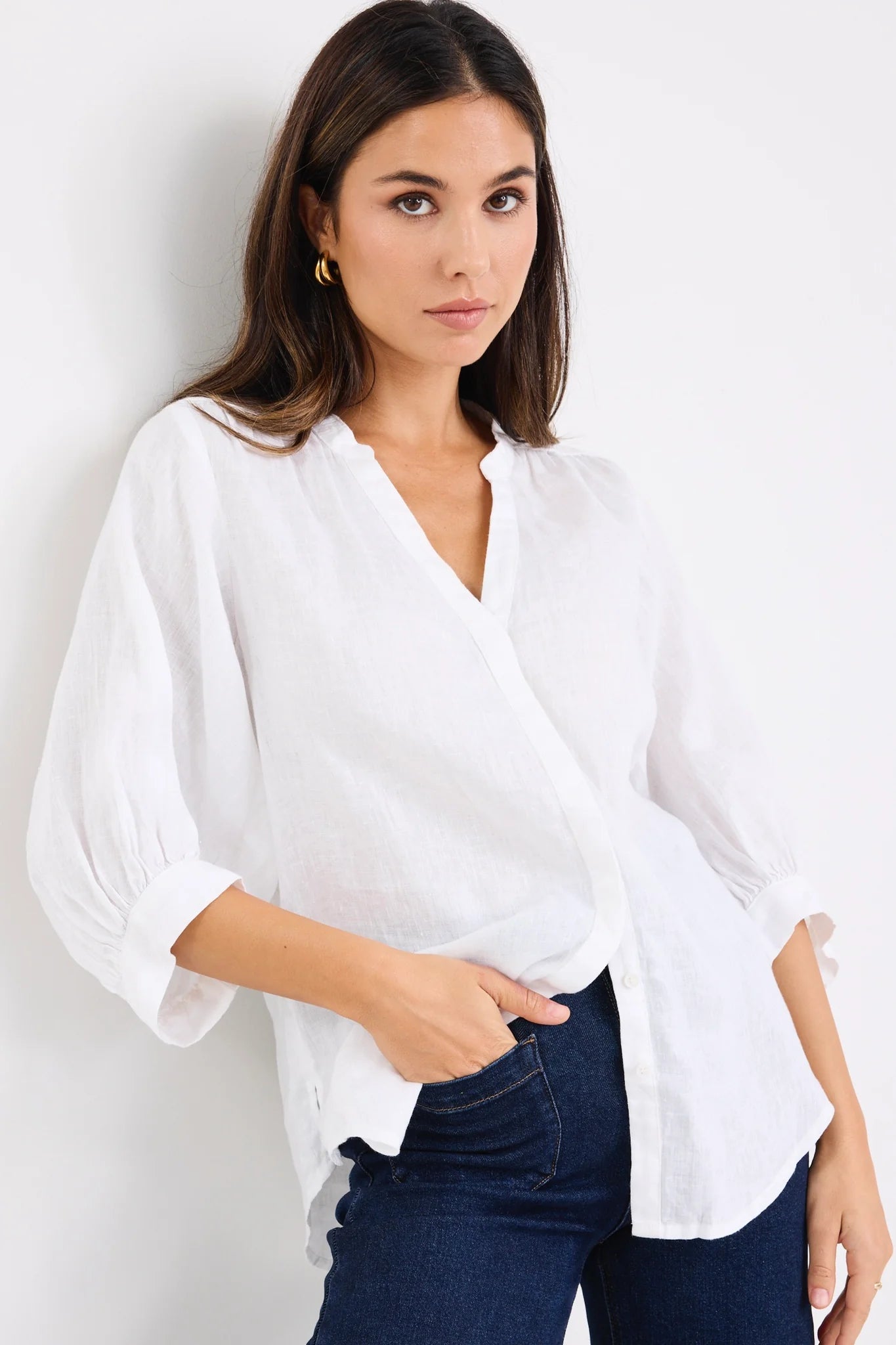 by Rosa Deity White Linen Button Through Puff Sleeve Blouse