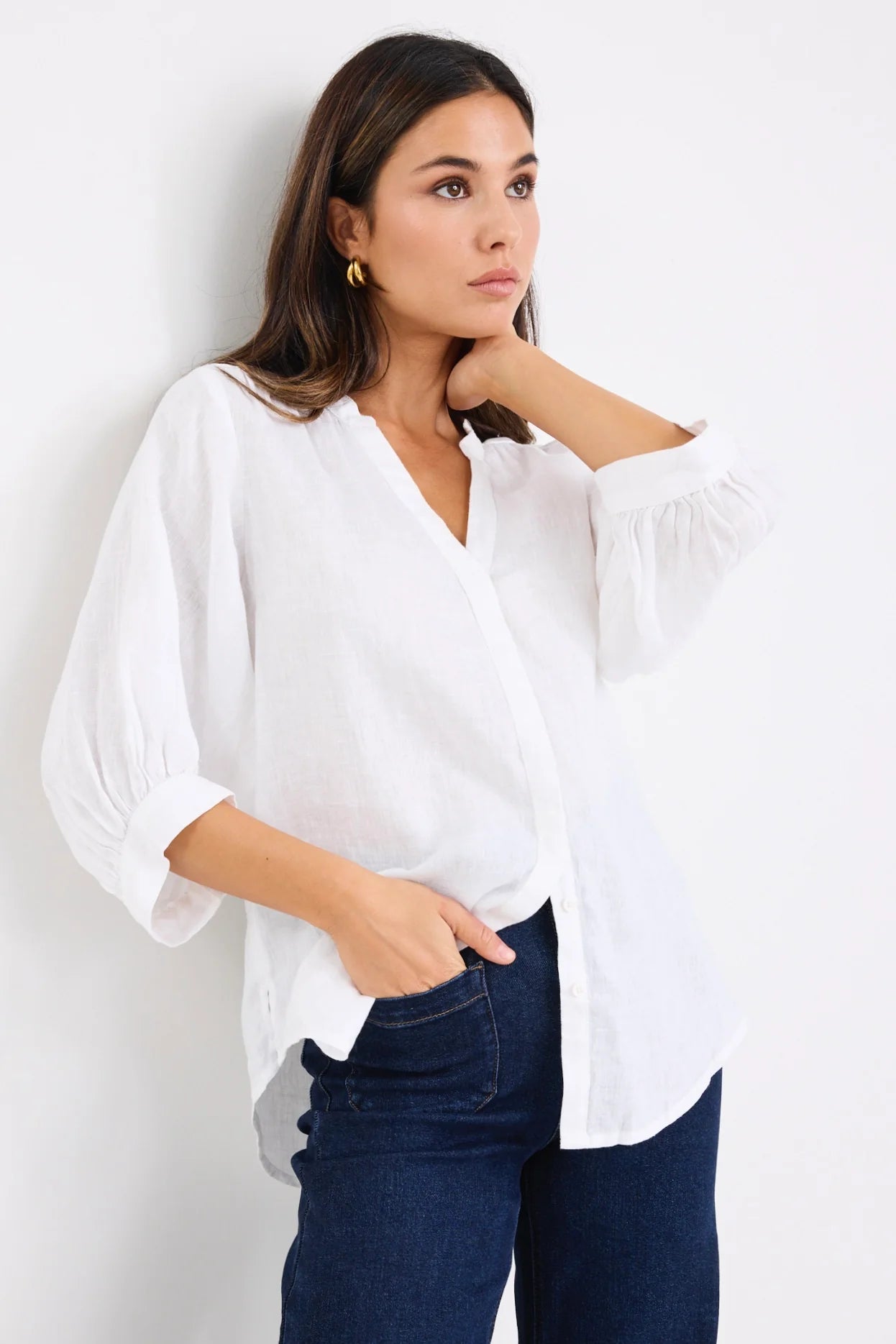 by Rosa Deity White Linen Button Through Puff Sleeve Blouse