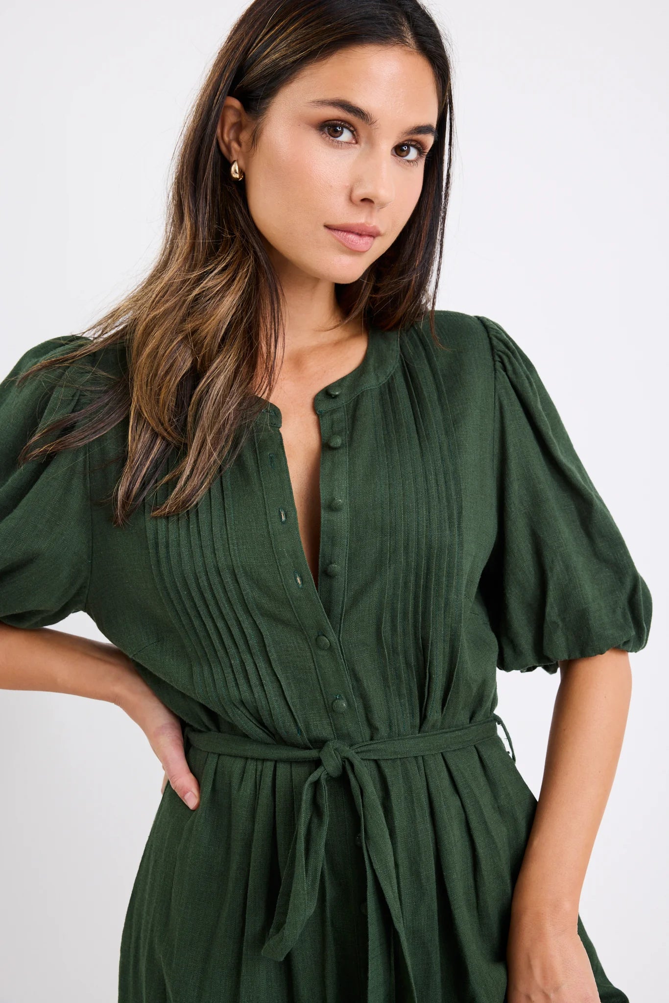 by Rosa Emotion Forest Puff Sleeve Pin Tuck Midi Shirt Dress