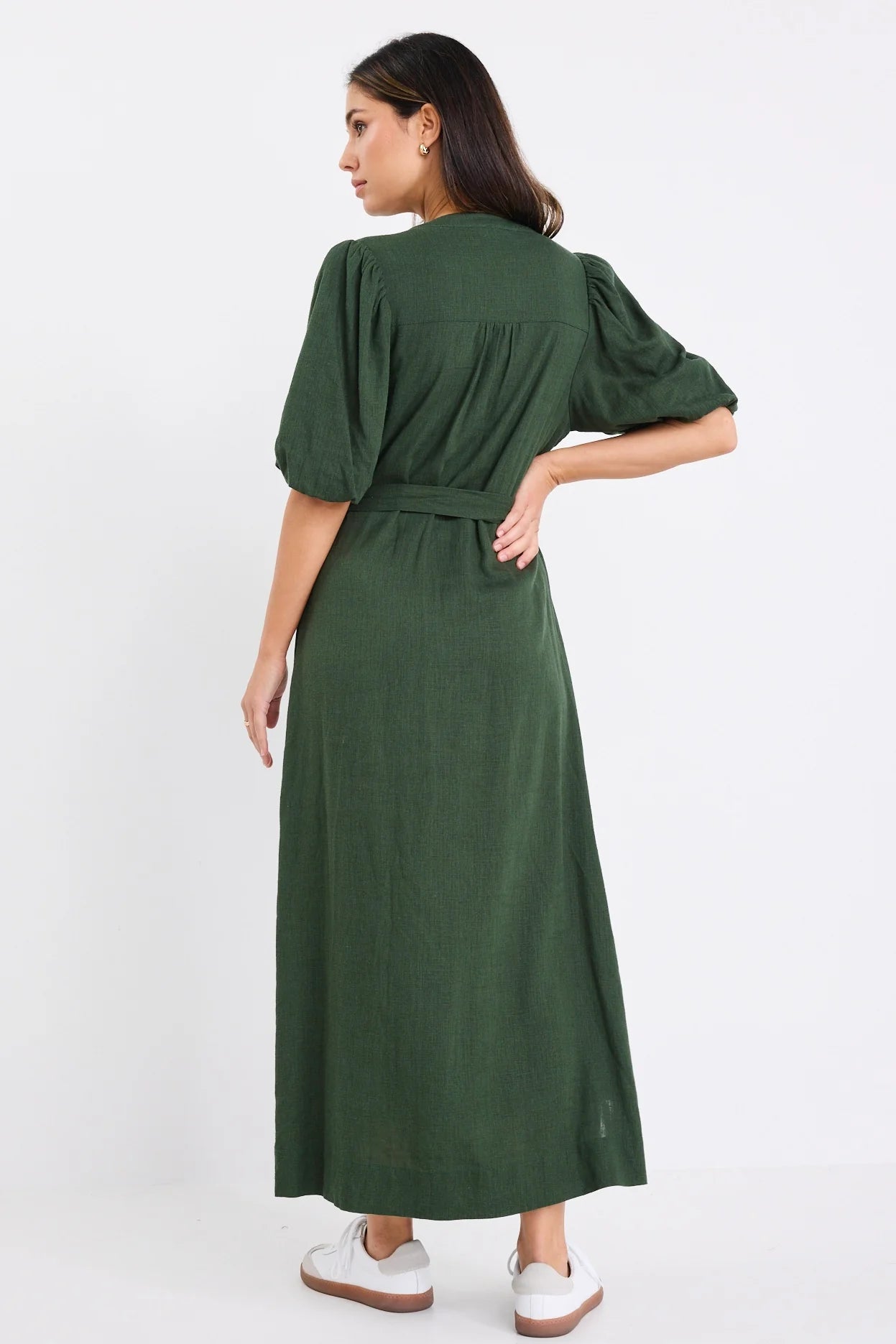 by Rosa Emotion Forest Puff Sleeve Pin Tuck Midi Shirt Dress