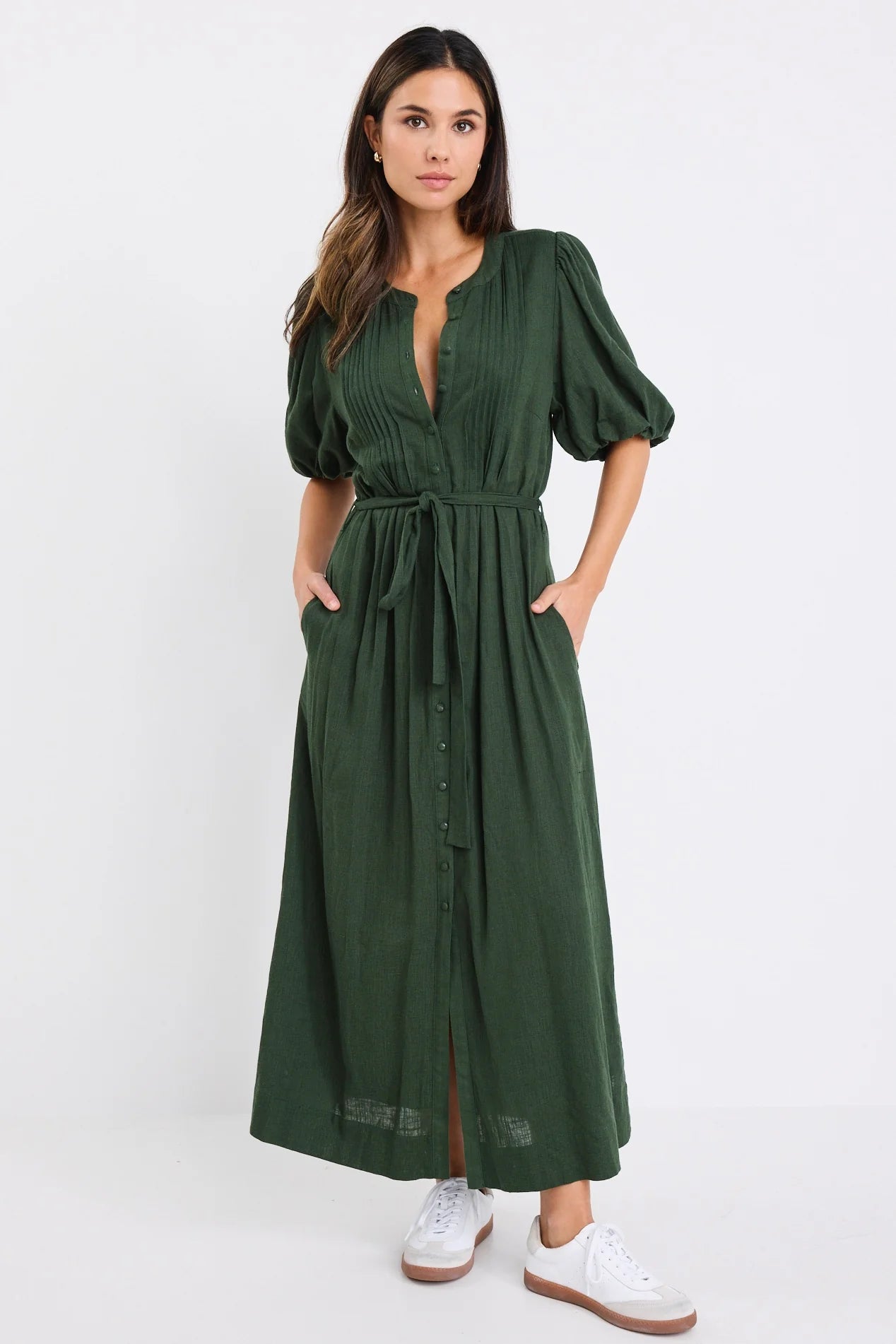 by Rosa Emotion Forest Puff Sleeve Pin Tuck Midi Shirt Dress