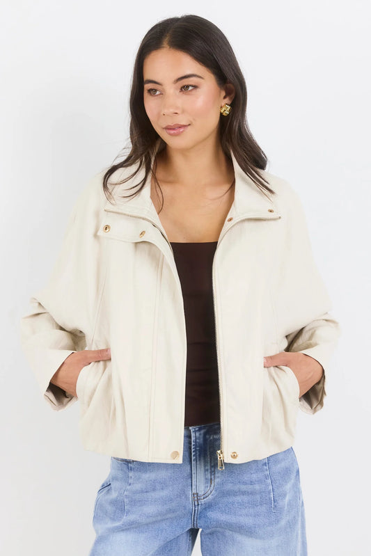 Stories Be Told Ensemble Putty Faux Leather Funnel Neck Zip Through Bomber Jacket