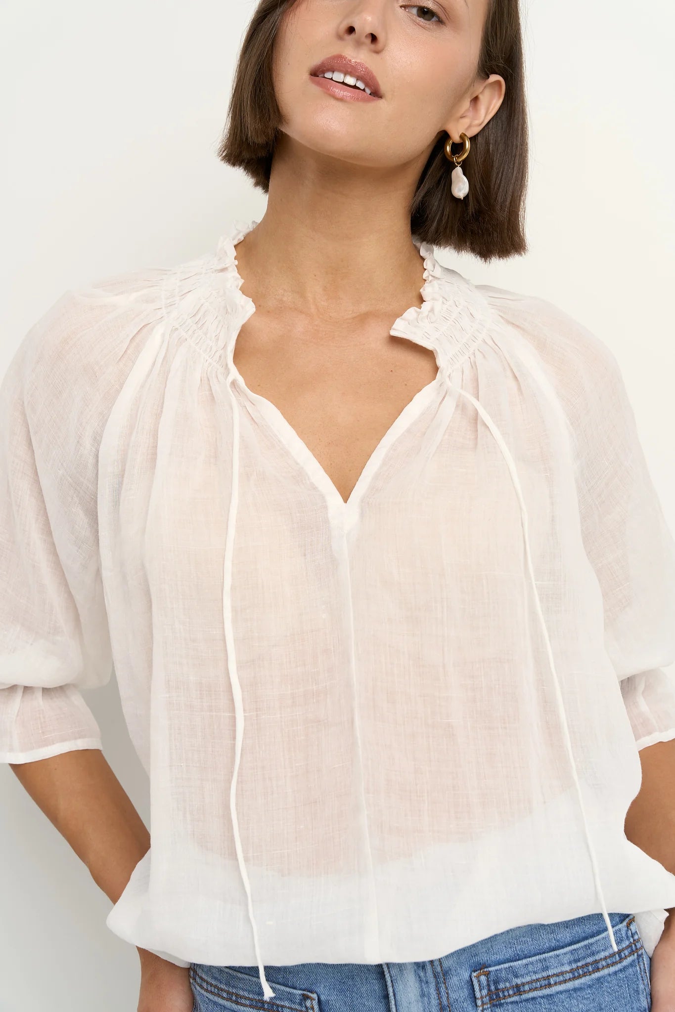 Among The Brave Ivory Ramie Shirred Neck Short Sleeve Top