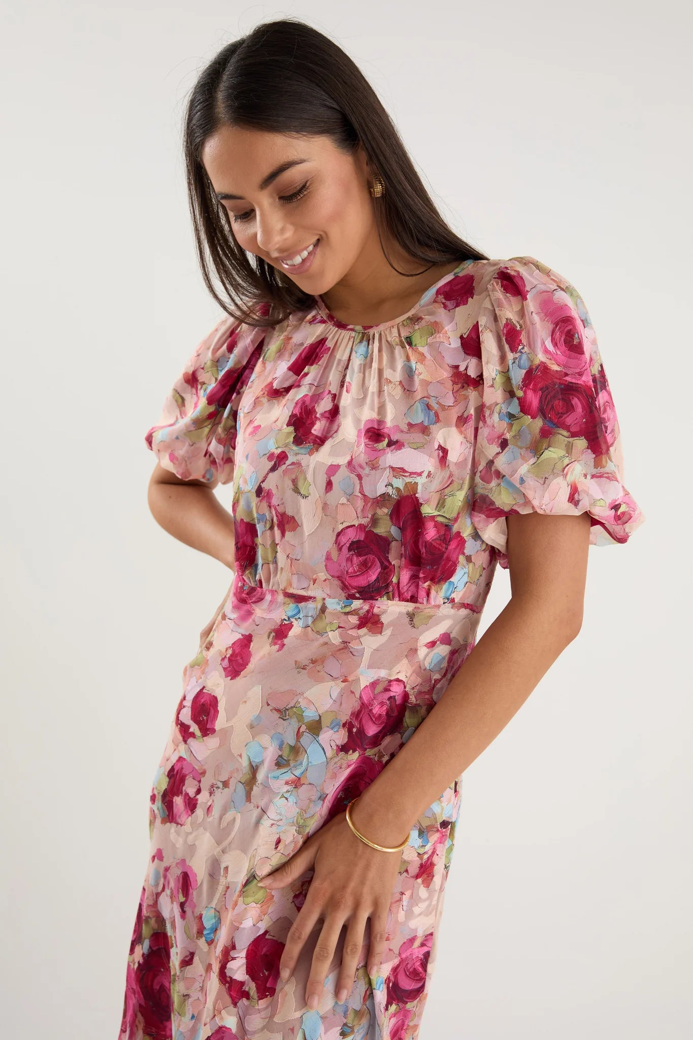 Georgia Zoe Exquisite Painted Rose Puff Sleeve Midi Dress