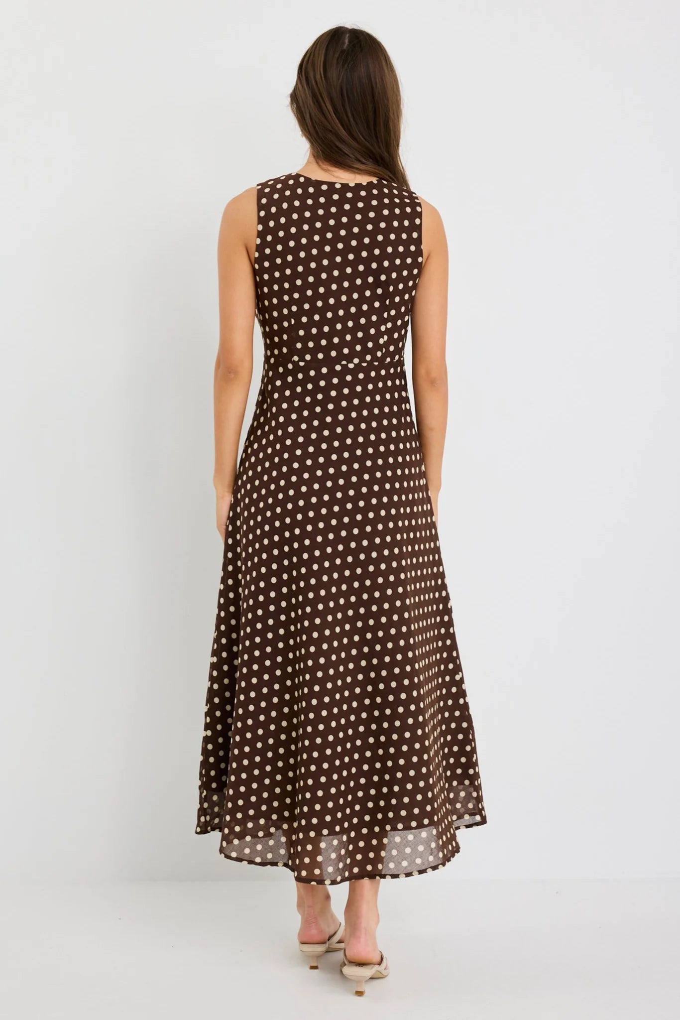Among The Brave Infinity Chocolate Polka Dot Sleeveless Bias Midi Dress