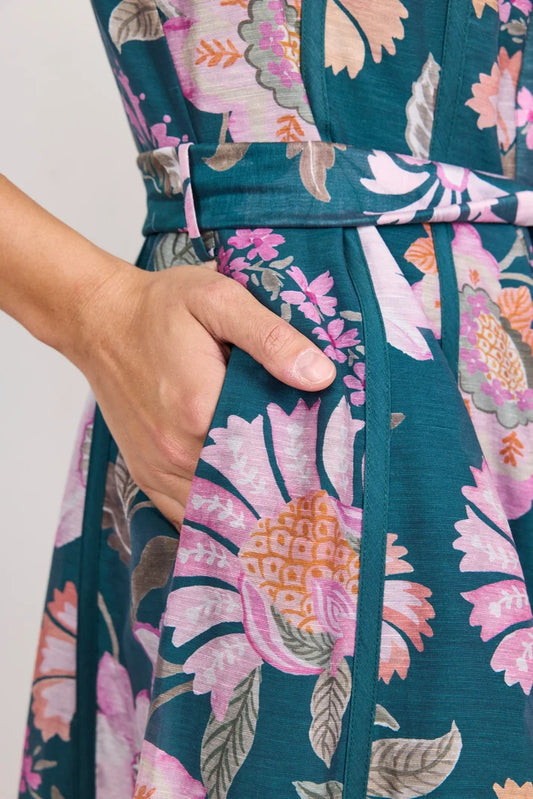by Rosa Intuition Petrol Scarf Print Puff Sleeve Maxi Shirt Dress