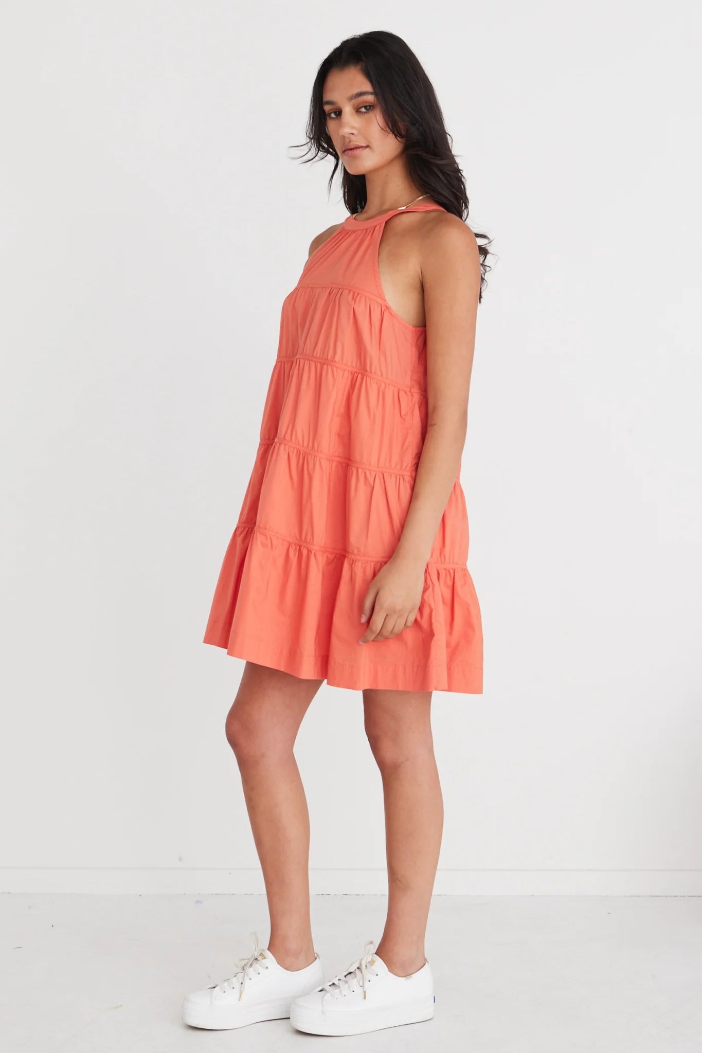 BY ROSA Levitate Watermelon High Neck Tiered Mini Dress