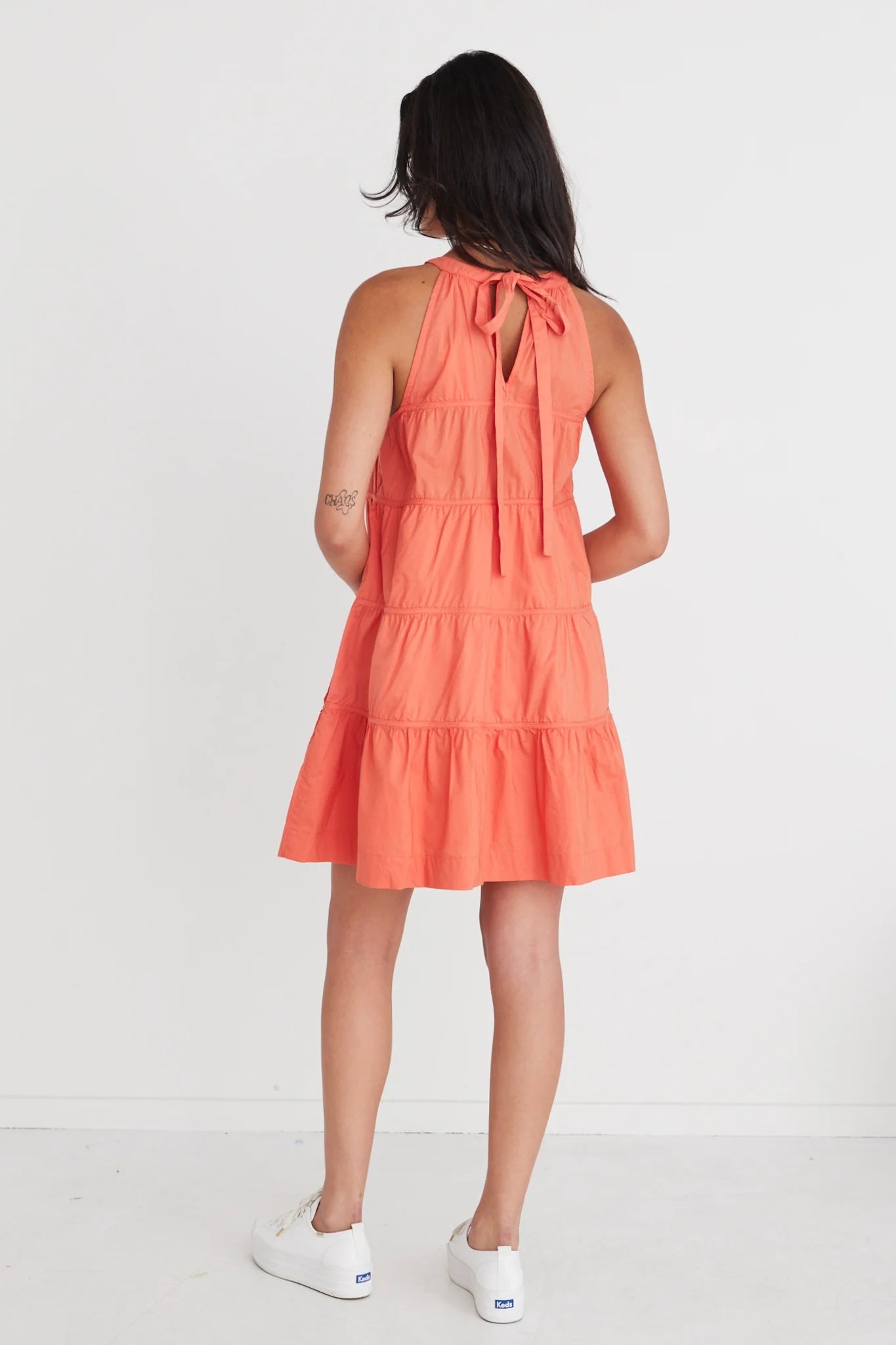 BY ROSA Levitate Watermelon High Neck Tiered Mini Dress