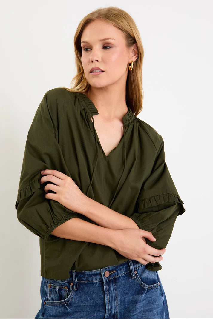 by Rosa Luminary Olive Voile Tie Front SS Top