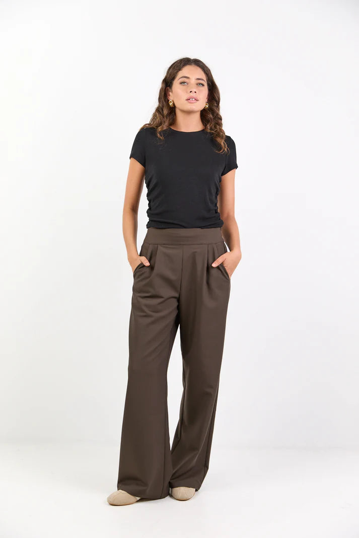 Among The Brave Instinctive Dark Chocolate Wide Leg Elastic Back Pants