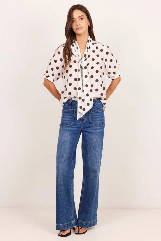 Stories Be Told Providence Chocolate Polka Tie Neck Short Sleeve Top
