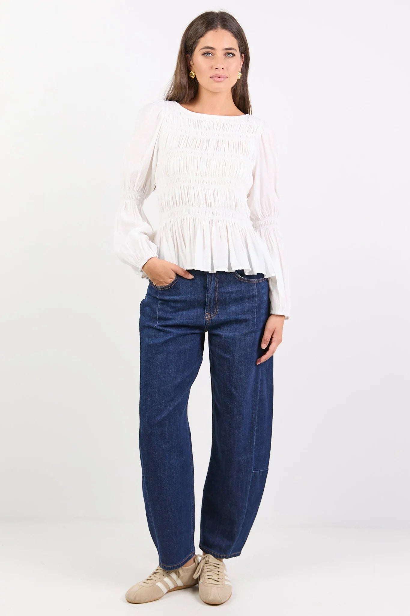 Among The Brave Required Ivory LS Shirred Bodice Top