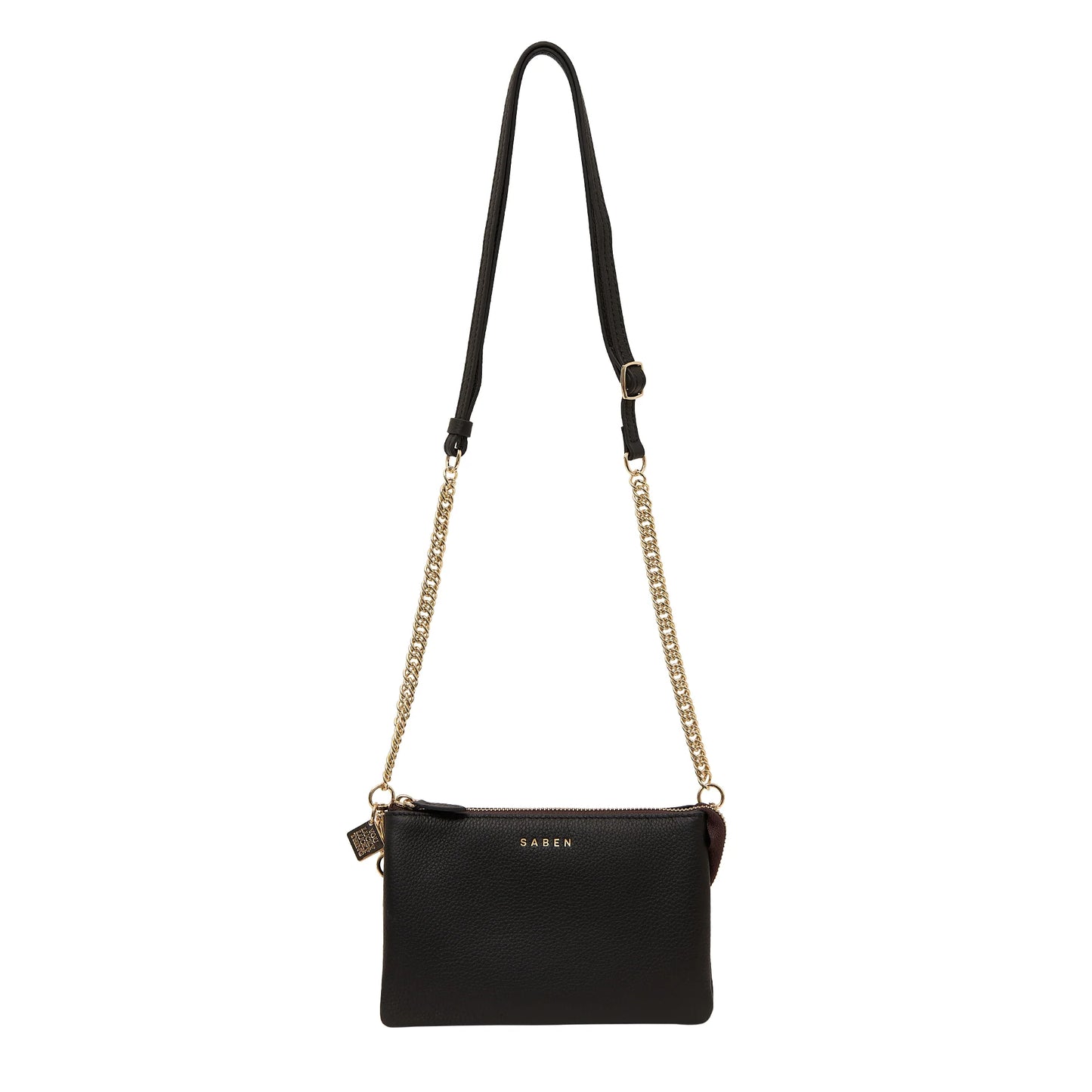Saben Feature Strap Chain Gold Curb with Black Leather