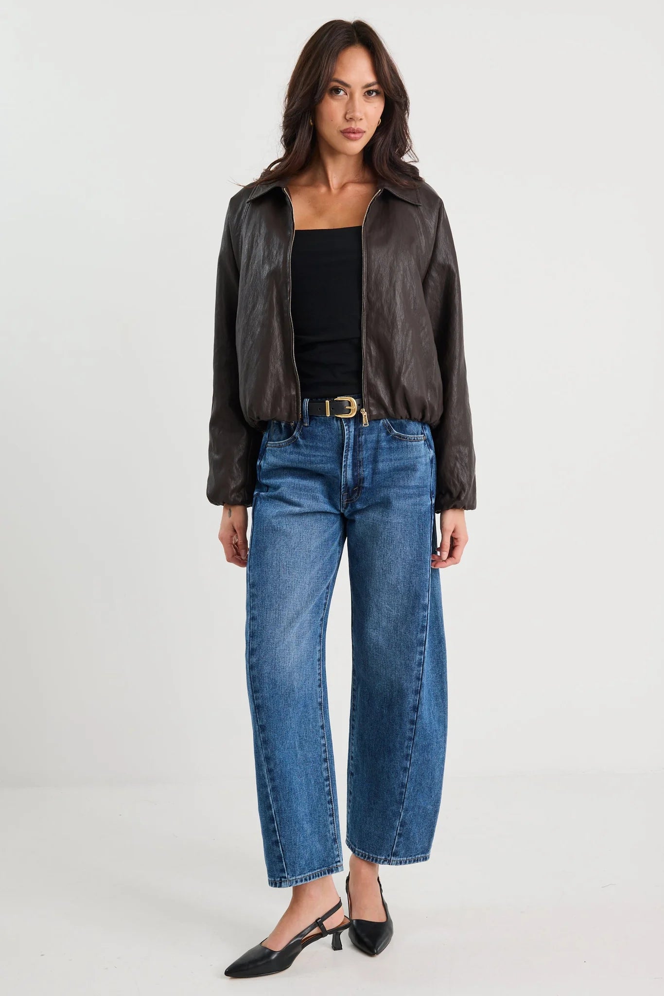 Stories Be Told Troupe Chocolate PU Leather Zip Through Bubble Hem Jacket