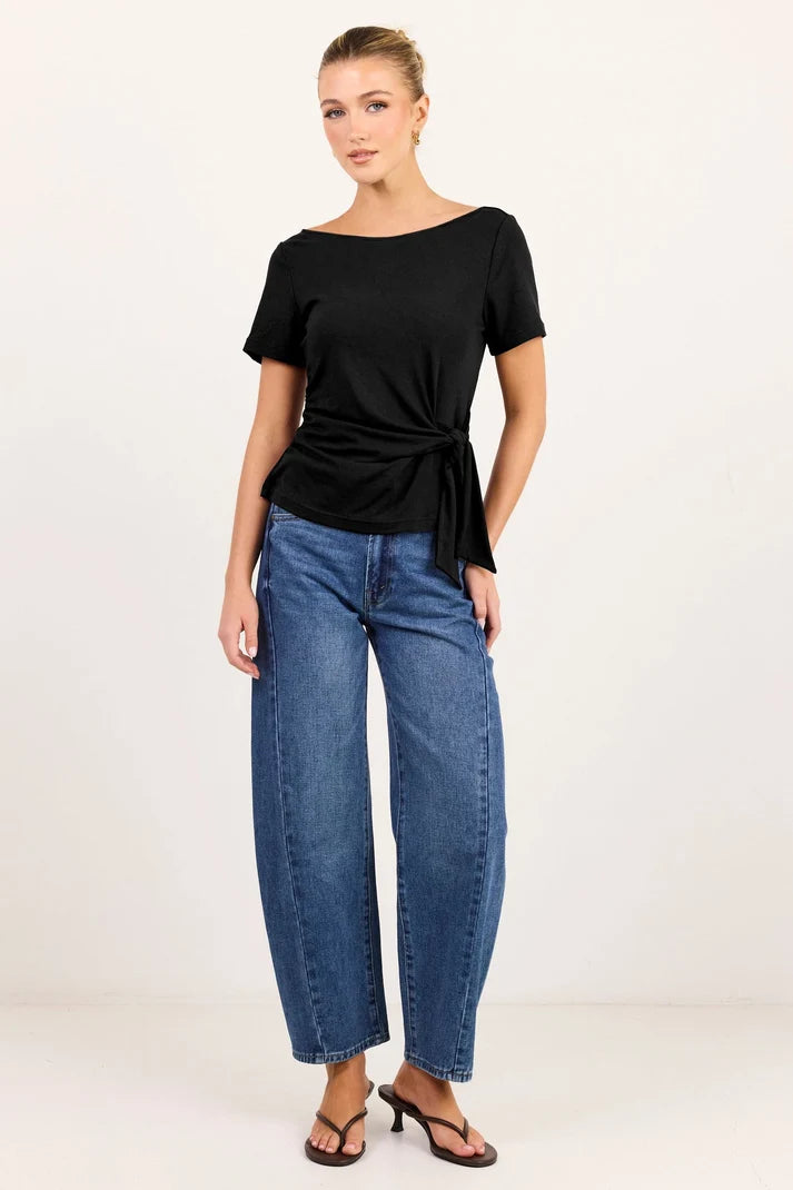 Among The Brave Turn Black Boat Neck Knot Front Short Sleeve Top