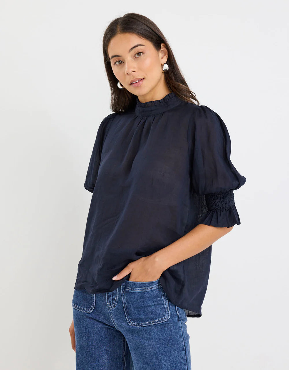 By Rosa Verse Navy Sheer High Neck Short Sleeve Top