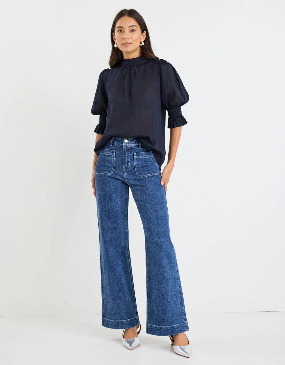 By Rosa Verse Navy Sheer High Neck Short Sleeve Top