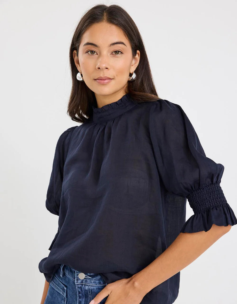 By Rosa Verse Navy Sheer High Neck Short Sleeve Top