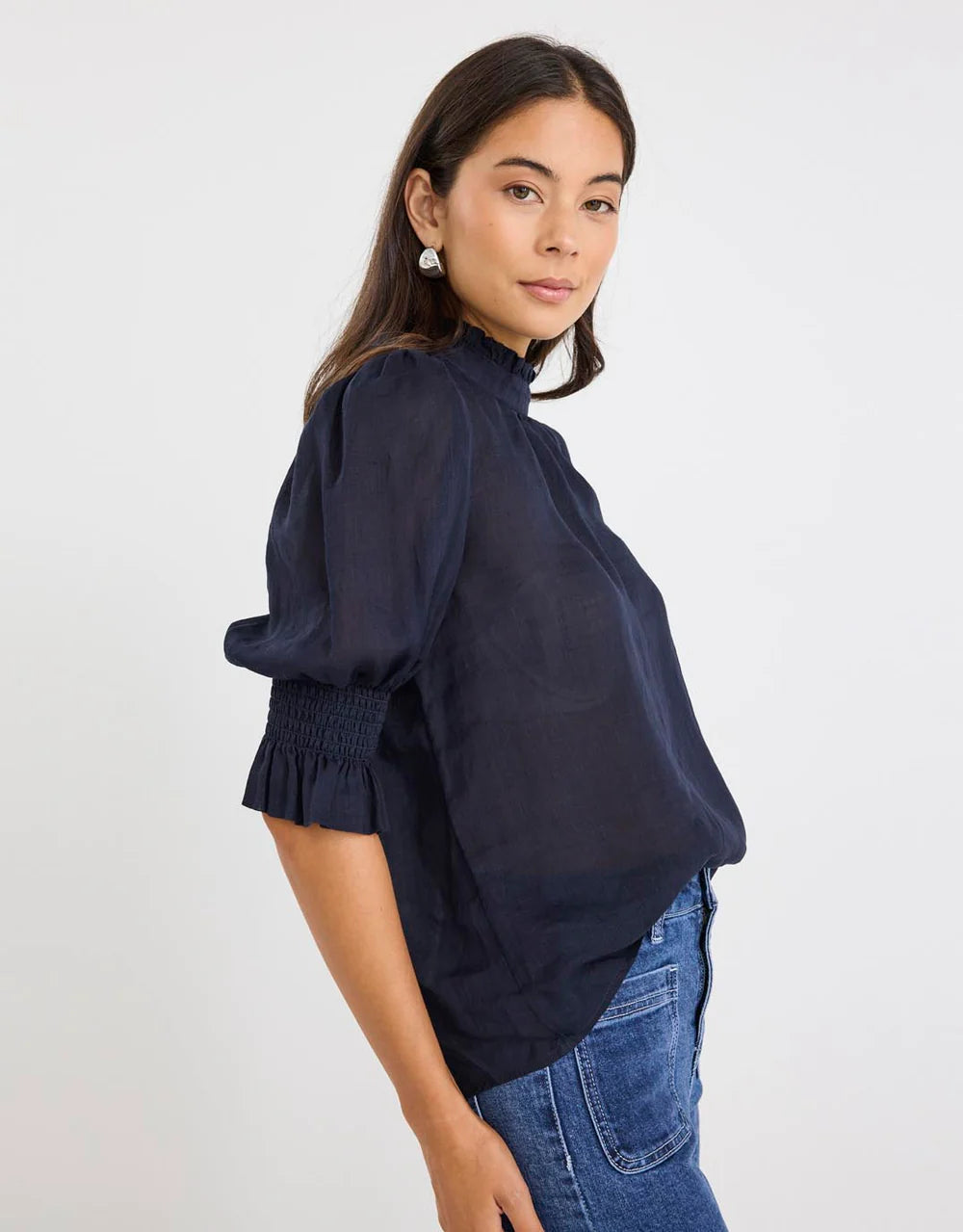 By Rosa Verse Navy Sheer High Neck Short Sleeve Top