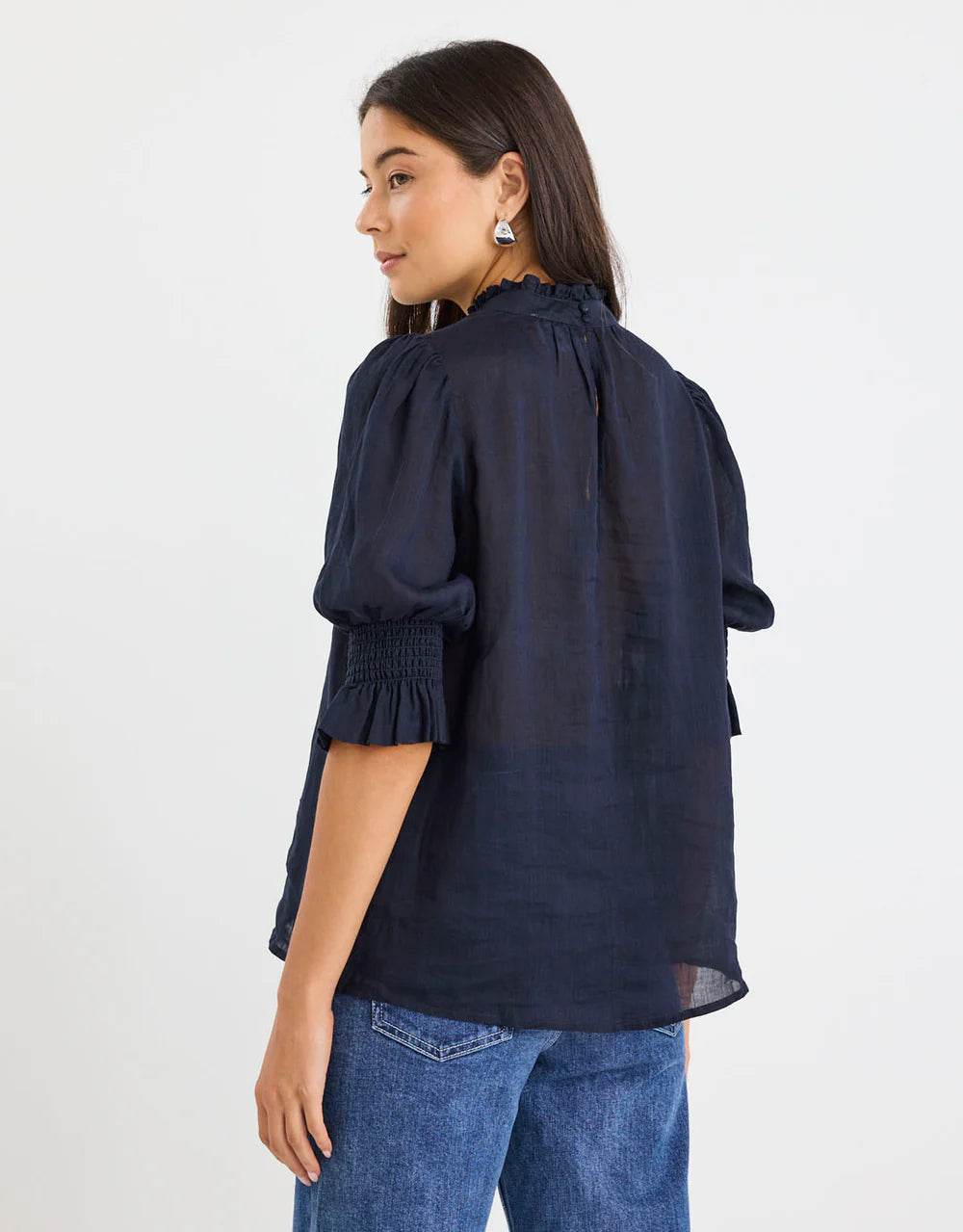 By Rosa Verse Navy Sheer High Neck Short Sleeve Top