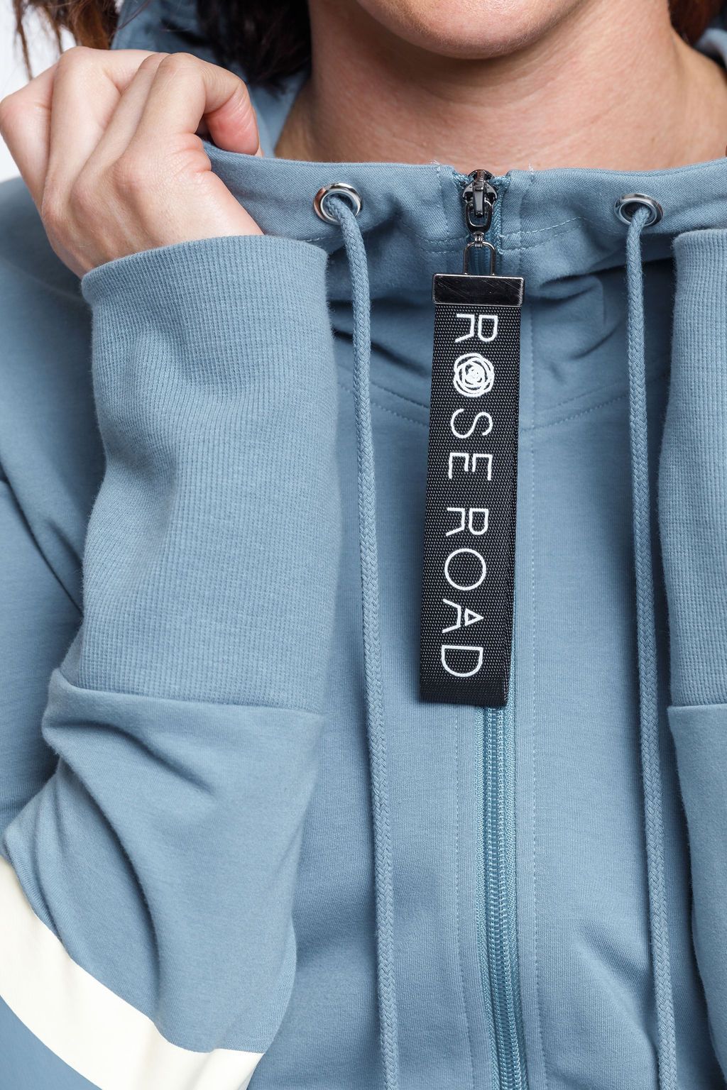 Rose Road Zip Up Hoodie Bluestine with Blue Feature print on Sleeves