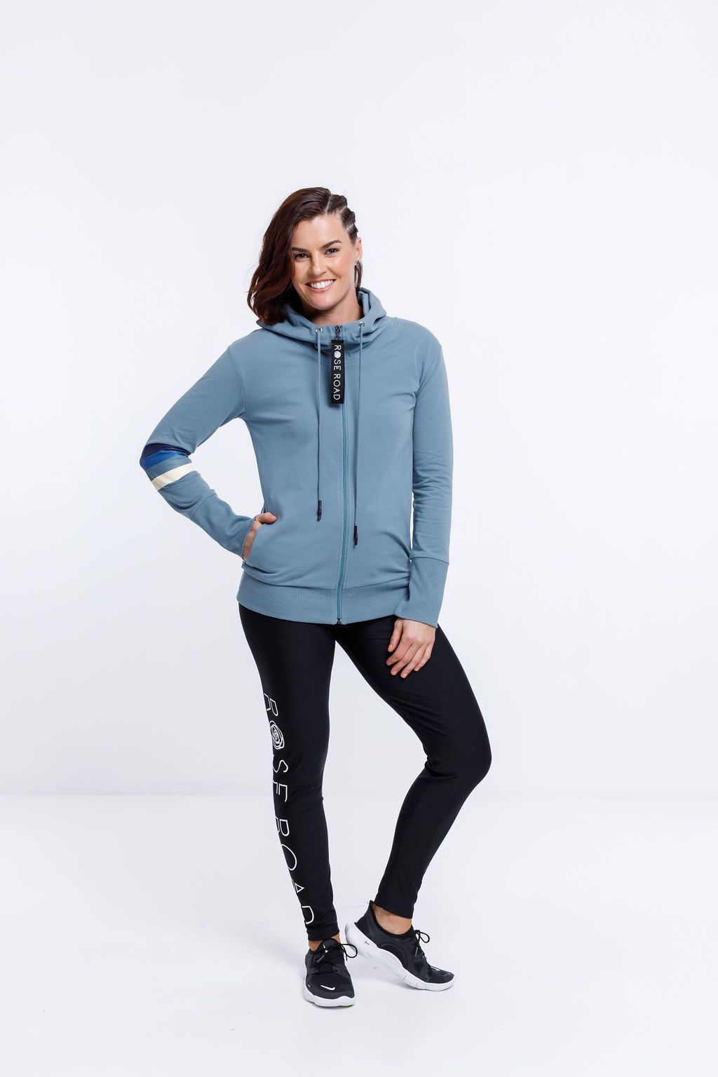 Rose Road Zip Up Hoodie Bluestine with Blue Feature print on Sleeves