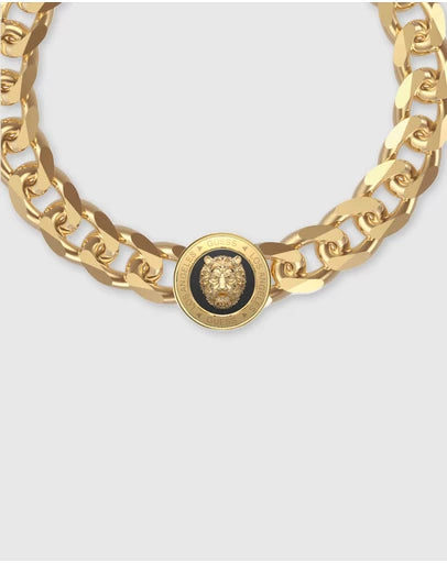 Guess Jewellery Mens Gold Lion Coin and Black Bracelet