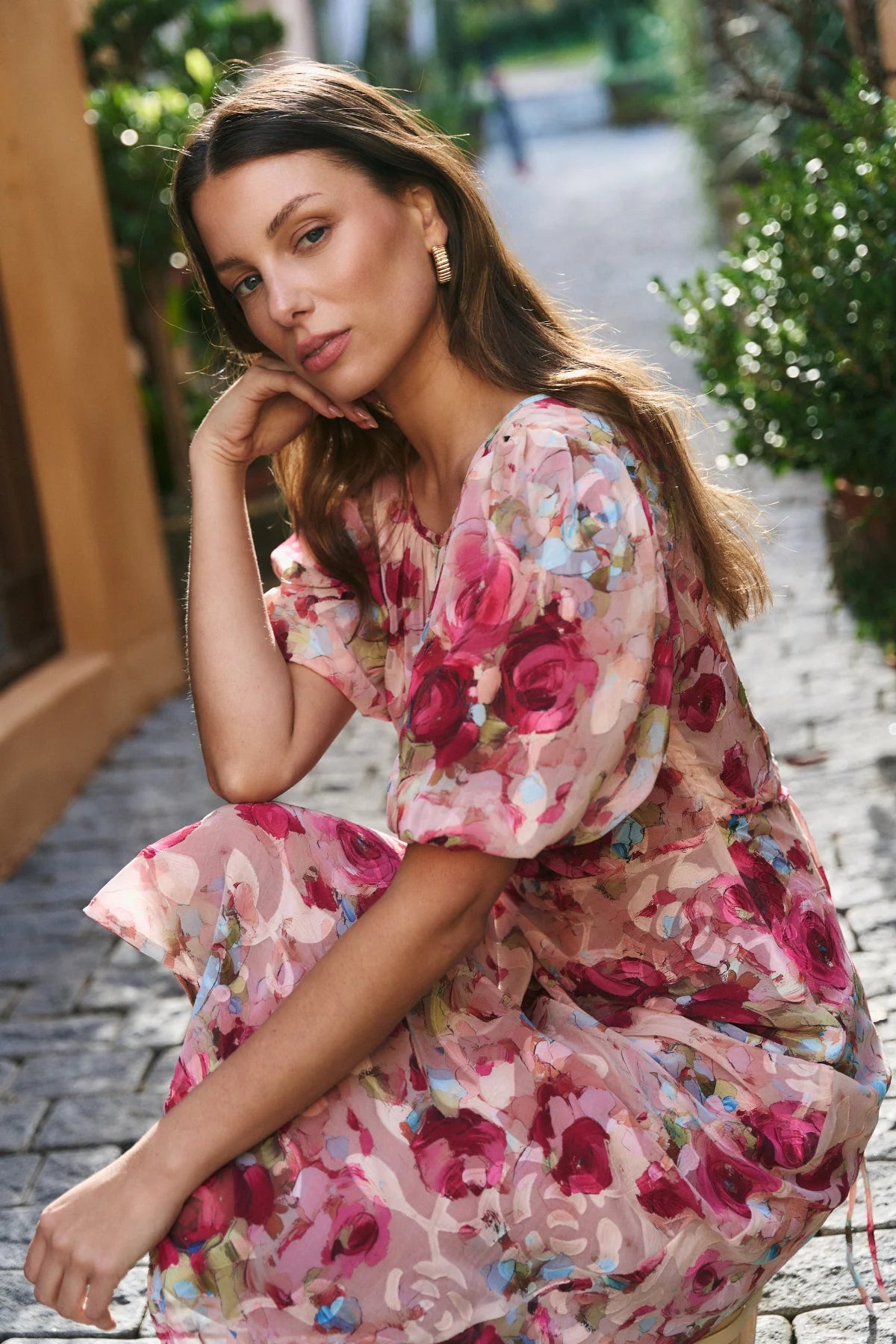 Georgia Zoe Exquisite Painted Rose Puff Sleeve Midi Dress