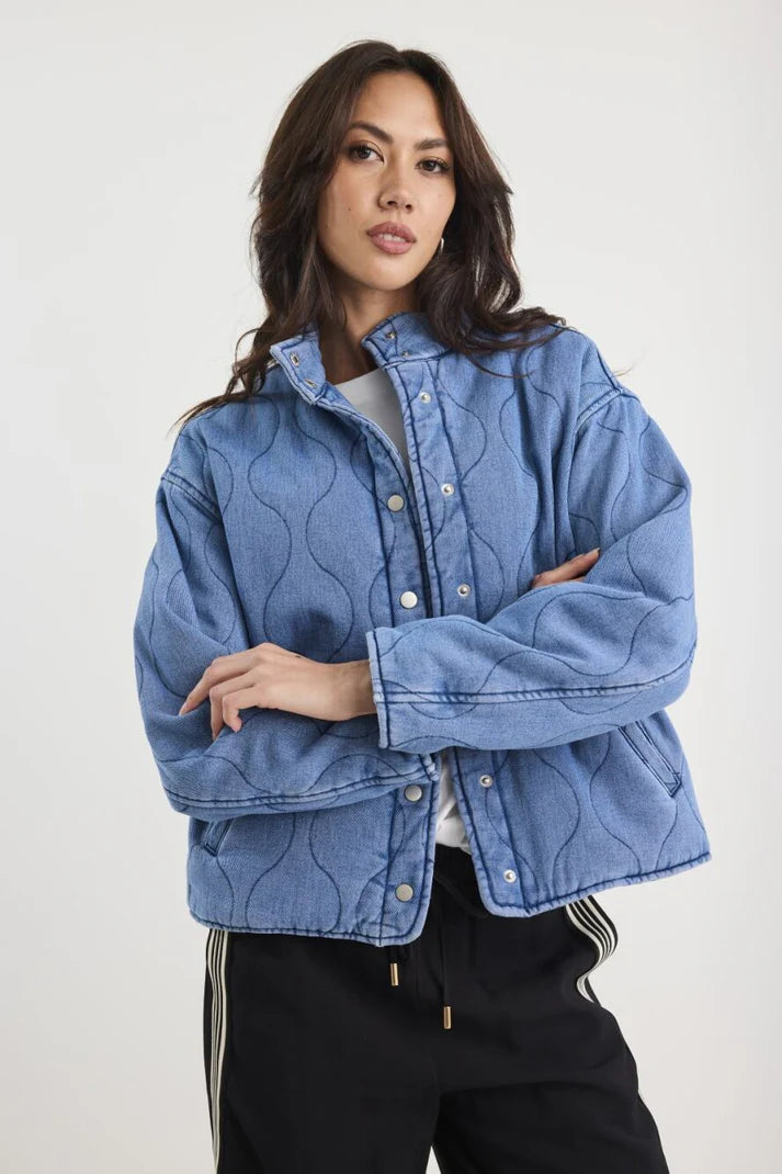 Stories Be Told Apex Storm Blue Denim Collared Quilted Jacket