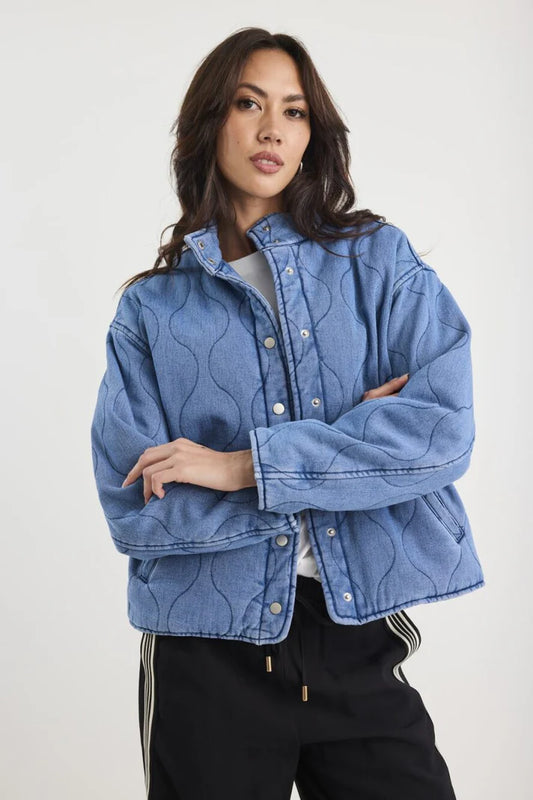 Stories Be Told Apex Storm Blue Denim Collared Quilted Jacket