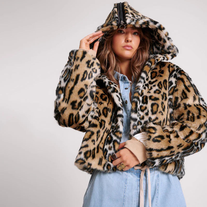 One Teaspoon Faux Leopard Split Hood Jacket