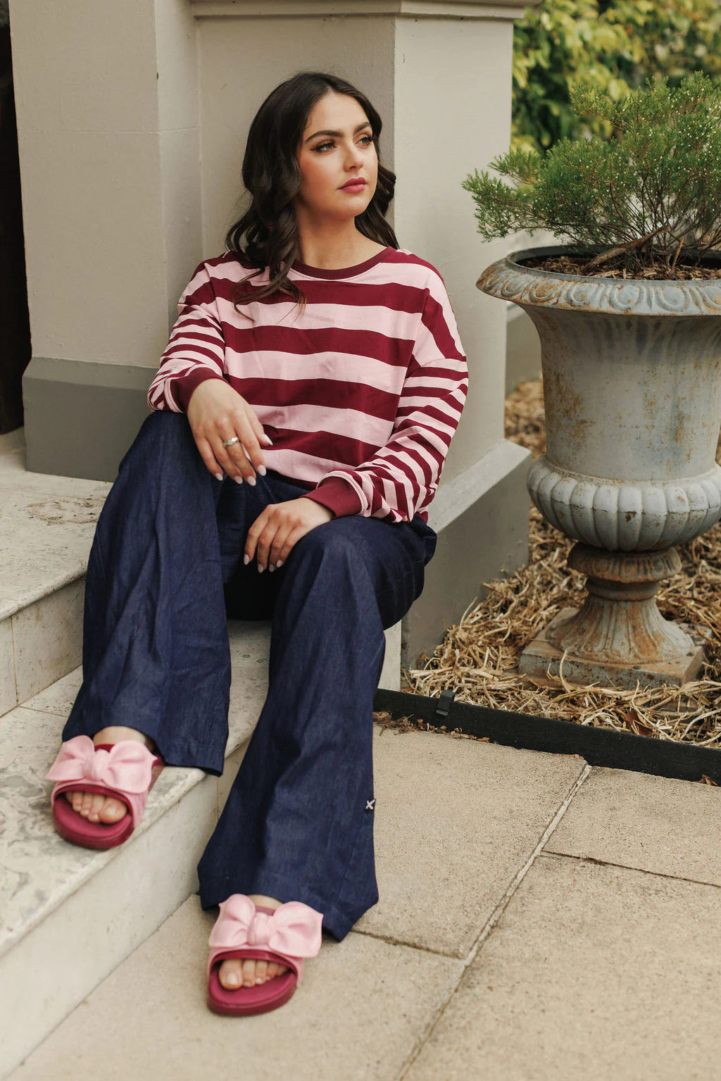 Homelee Hugo Crew-Merlot & Blush Stripe
