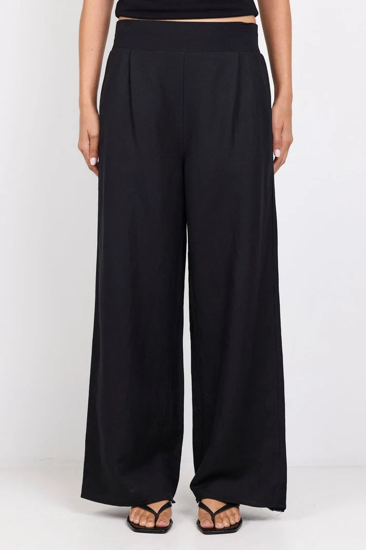 Among The Brave Guardian Black Linen Viscose Elastic Back Pants
