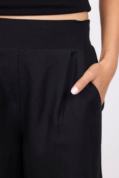 Among The Brave Guardian Black Linen Viscose Elastic Back Pants