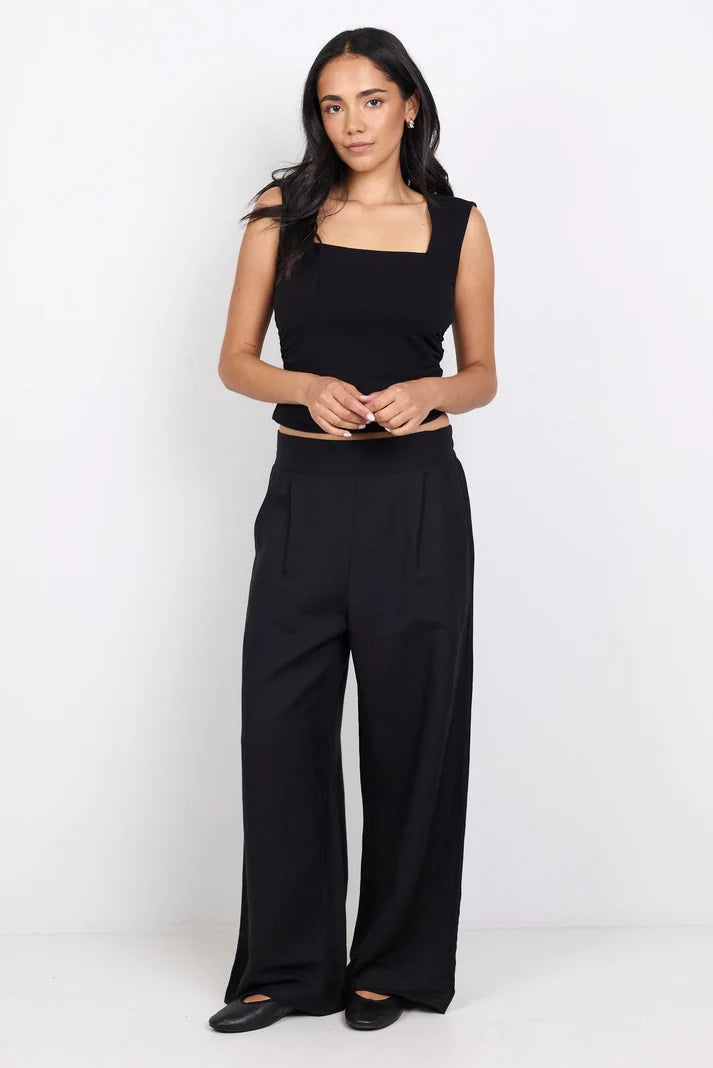 Among The Brave Guardian Black Linen Viscose Elastic Back Pants