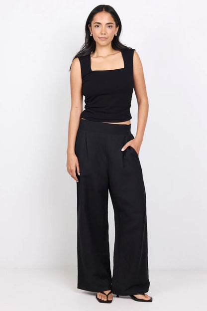 Among The Brave Guardian Black Linen Viscose Elastic Back Pants