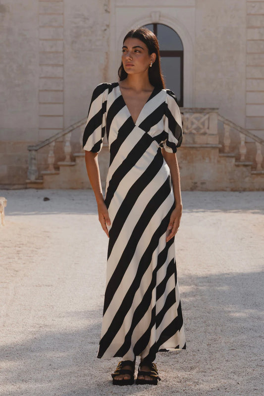 Among The Brave Amora Black & White Stripe Bias Midi Dress