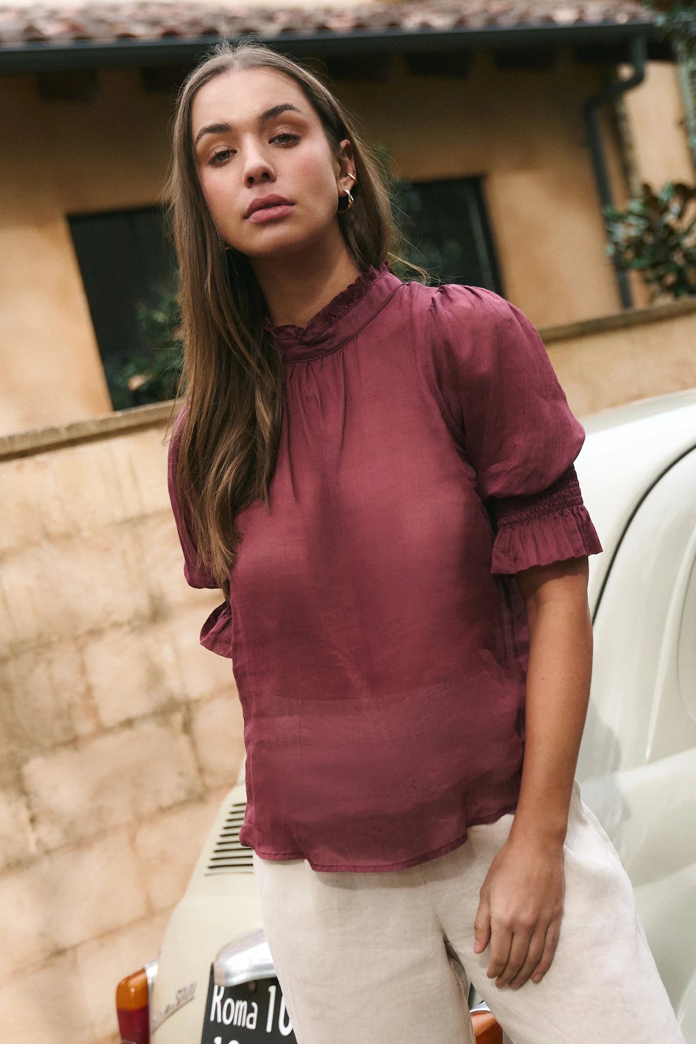 by.rosa Verse Burgundy/Plum Sheer High Neck Short Sleeve Top