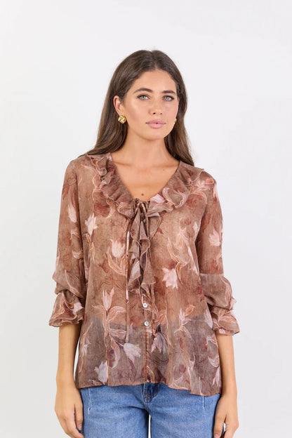 Among The Brave Bohemian Ochre Floral Black Trim Sheer Frill Front Blouse