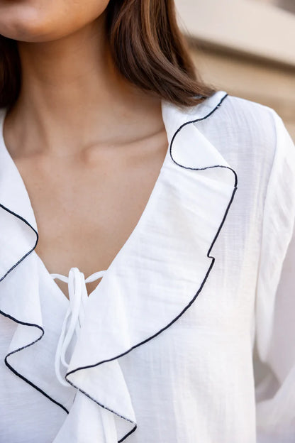 Among The Brave Bohemian Ivory Black Trim Sheer Frill Front Blouse