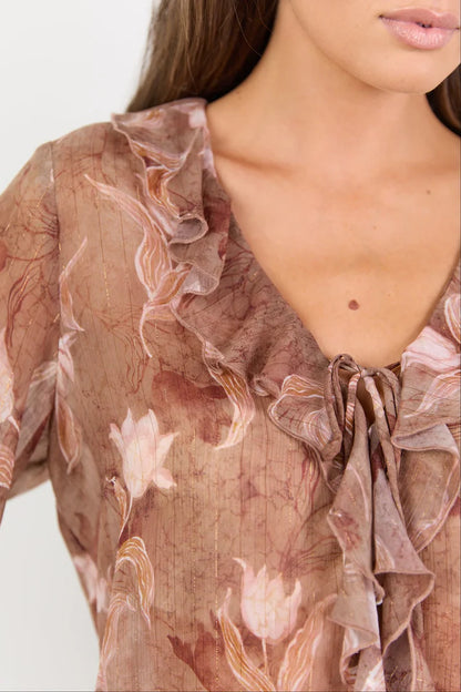 Among The Brave Bohemian Ochre Floral Black Trim Sheer Frill Front Blouse