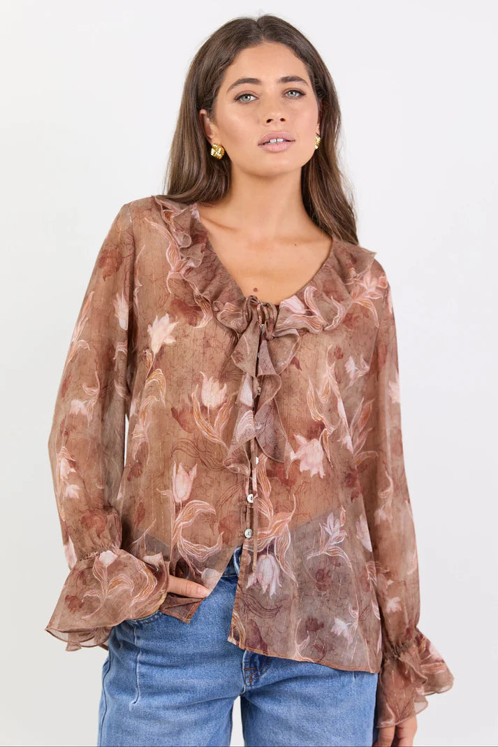 Among The Brave Bohemian Ochre Floral Black Trim Sheer Frill Front Blouse