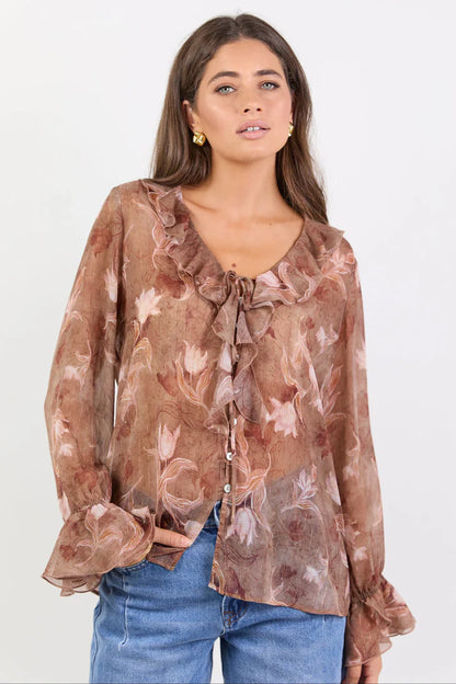 Among The Brave Bohemian Ochre Floral Black Trim Sheer Frill Front Blouse