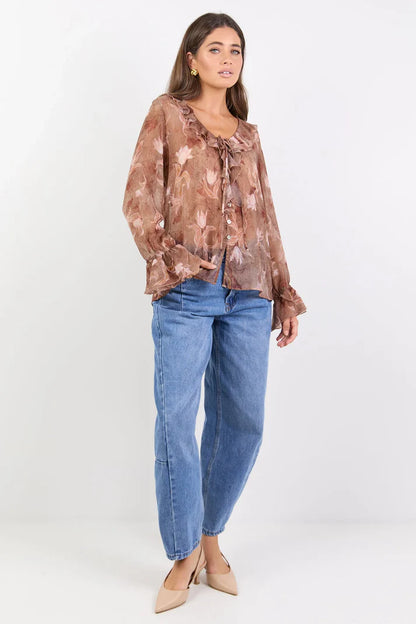 Among The Brave Bohemian Ochre Floral Black Trim Sheer Frill Front Blouse